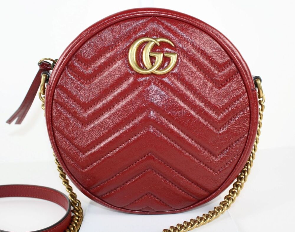 Gucci GG Marmont Red Leather Mini Round Shoulder Bag Gold Chain Strap EUC